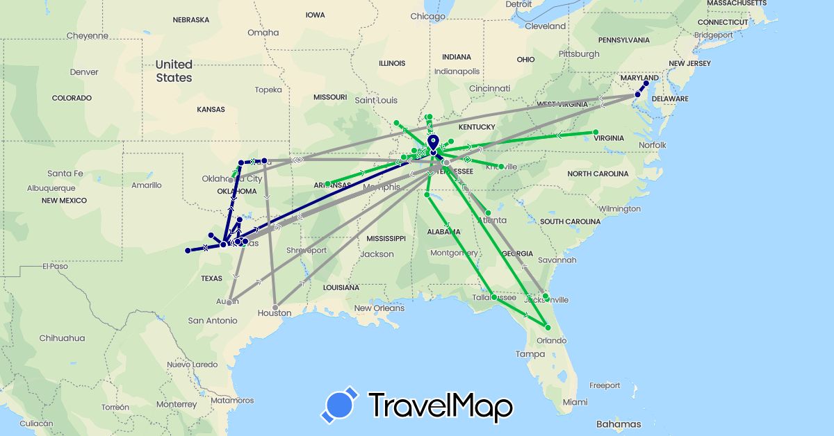 TravelMap itinerary: driving, bus, plane in United States (North America)